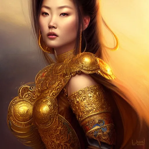 Image similar to beautiful realistic portrait of a gorgeous mongolian princess in a sensual pose covered with golden ornate armor, centered face, with full makeup, atmospheric lighting, intricate, volumetric lighting, beautiful, sharp focus, ultra detailed, in the art style of bowater, charlie, brom, gerald, lake baikal in the background, astrophotography