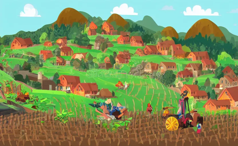 Image similar to some villagers busy farming in a small village in a valley, a dragon approaching from a distance, vector, storybook, muted colors, gouache, flat poster, sharp edges, print