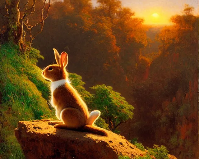 Image similar to hyper realistic rabbit looking off of a cliff, sun setting behind rabbit, lush forest in valley below, painted by gaston bussiere, craig mullins, j. c. leyendecker 8 k