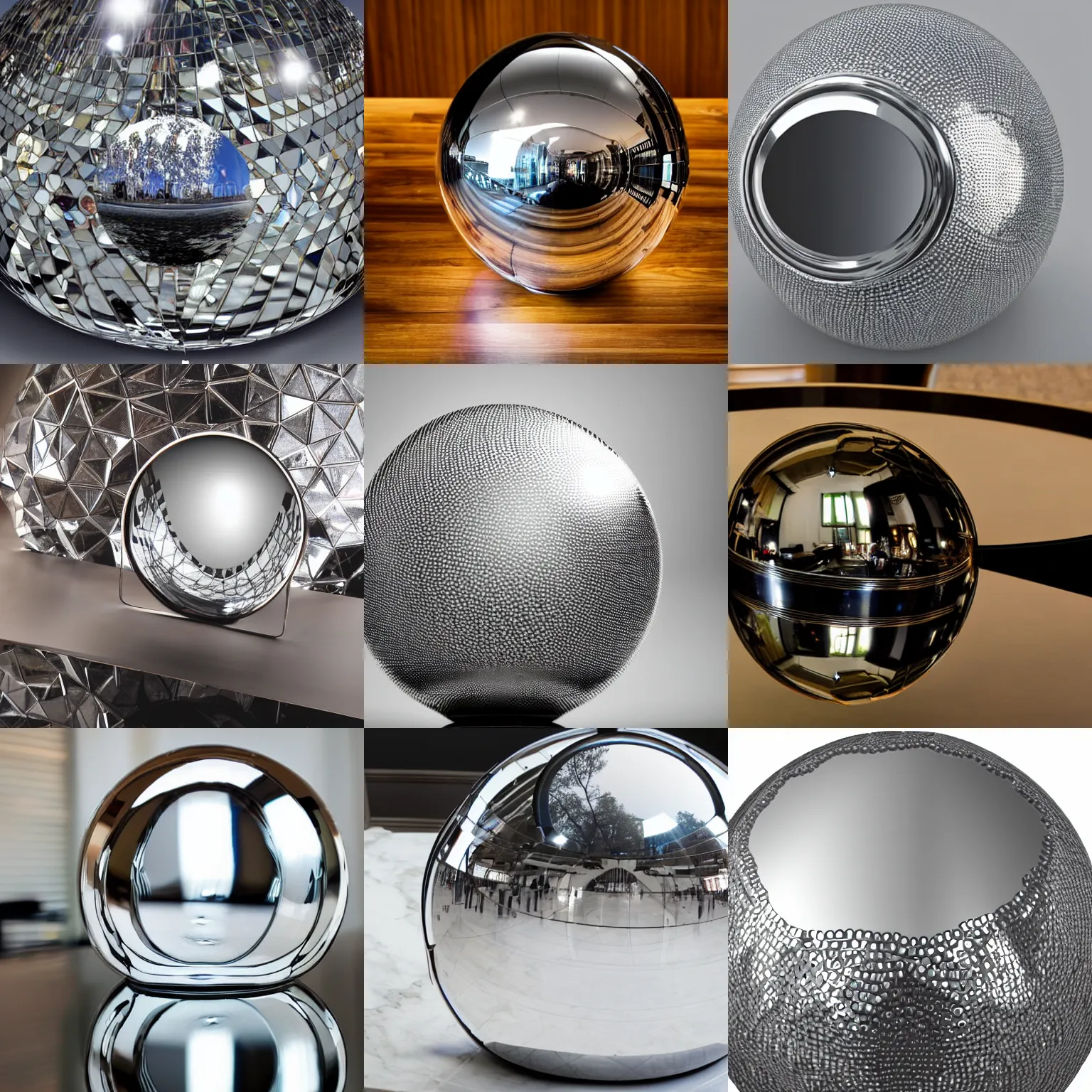 Image similar to shiny reflective mirror sphere laying on a table, high detail, complex