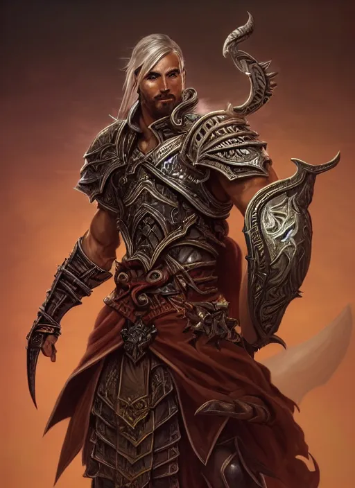 Image similar to portrait of an athletic male warrior as a diablo 3 character, looking at camera, D&D, sword master, long black hair, intricate, elegant, stylish, cute smile, fantasy, extremely detailed, digital painting, artstation, concept art, smooth, sharp focus, illustration, ambient lighting, art by artgerm and greg rutkowski and alphonse mucha and simon stalenhag