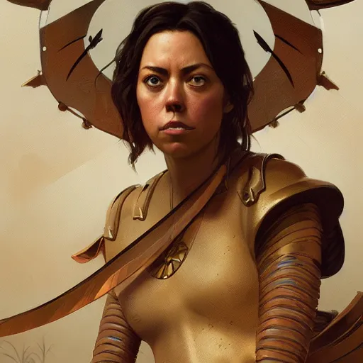 Image similar to Aubrey Plaza as a captain in the early bronze age, intricate, highly detailed, digital painting, artstation, concept art, sharp focus, illustration, art by greg rutkowski and alphonse mucha