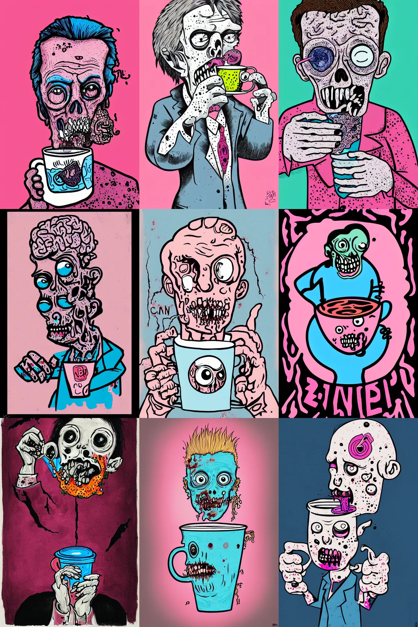 Prompt: zombie drinking brain from a coffee cup, portrait by mcbess, pink and blue colour