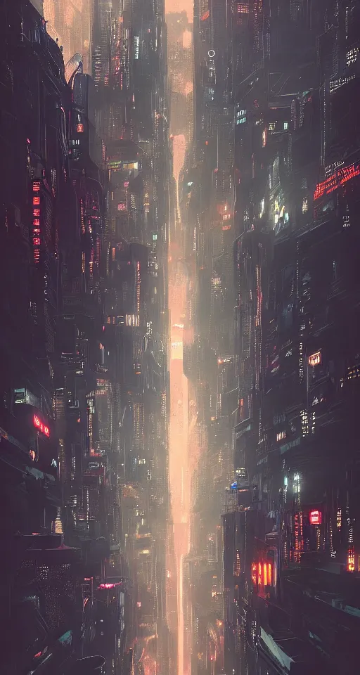 Prompt: cyberpunk city in the night seen from above, cityscape, mist, rain, artstation, greg rutkowski
