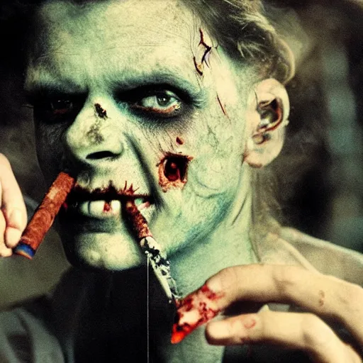 Image similar to horrific cinematic image of zombie smoking a cigarette