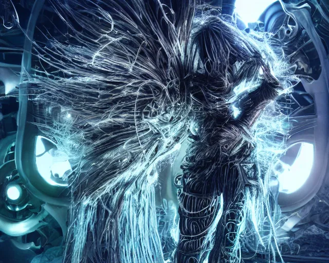 Image similar to cybermagnetosphere, beautiful hairy humanoids, love, joy, complex cybernetic beings, glowing hair, vortexes, large array, ornate hair, cinematic light shadows, wet hdr refractions, cybernetic civilizations, 8 k, * * * * *