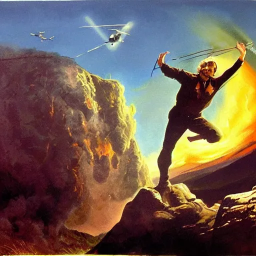 Image similar to ultra realistic portrait painting of john denver setting off a nuke in west virginia, art by frank frazetta, 4 k, ultra realistic, highly detailed, epic lighting