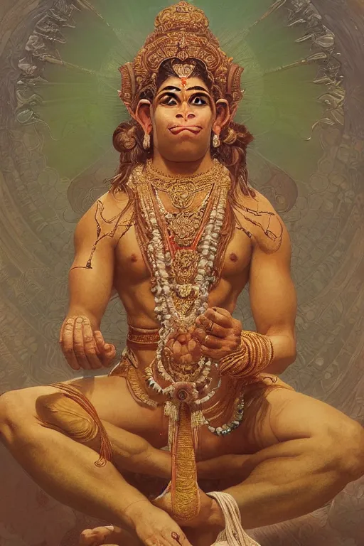 Prompt: a full body portrait of a beautiful ornated hanuman god, meditative sacral pose, hindu stages of meditation, intricate, elegant, highly detailed, digital painting, artstation, concept art, smooth, sharp focus, illustration, art by krenz cushart and artem demura and alphonse mucha