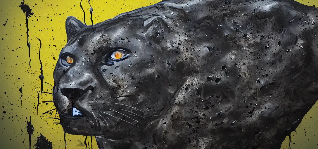 Image similar to a panther, made of tar, in a suburban backyard, sticky, full of tar, covered with tar, dripping tar, dripping tar, splattered tar, sticky tar. concept art, reflections, black goo, animal drawing