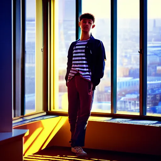 Prompt: un ultra high definition studio quality photograph of a young man standing in a unique london studio environment wearing all eclectic clothes whilst watching the sun rising through a large window. wide angle. three point light. extremely detailed. golden hour, golden ratio, ray tracing, volumetric light, shallow depth of field.