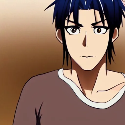 Image similar to A masculine middle aged man with tan skin, brown eyes, and hip-length, shiny, black hair, anime, manga