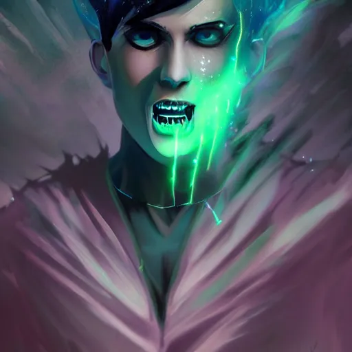 Prompt: Young Danny phantom with glowing green eyes and sharp teeth fangs alt art fashion punk, art by WLOP and Charlie Bowater and WLOP and Mark Arian and Ross Tran + neon colors, symmetry,A digital matte intricate illustration concept art , intricate complexity, epic composition, magical atmosphere, highly detailed, cinematic lighting + masterpiece, trending on artstation + 8k