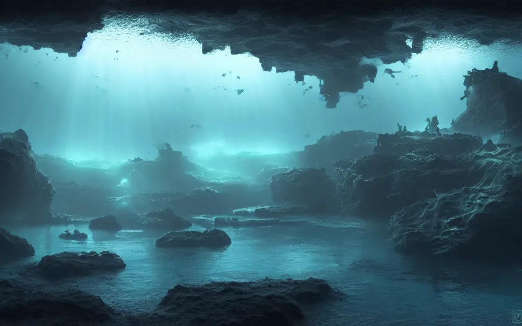 Image similar to wide shot, submerged pre - incan temple, dark, grenada underwater sculpture park, bubbles, abyss, stylized, anime style mixed with fujifilm, detailed gouache paintings, crepuscular rays, dark, murky, foggy, atmospheric, artstation, cgsociety, octane render, cgi, unreal engine 5, denoise, cinematic masterpiece