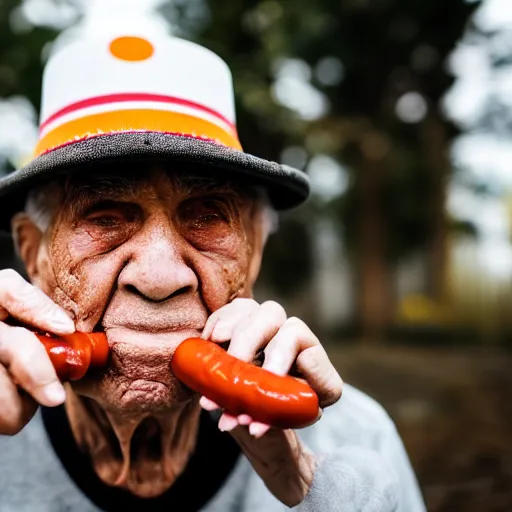 Image similar to portrait of an elderly man wearing a hotdog hat, 🌭, canon eos r 3, f / 1. 4, iso 2 0 0, 1 / 1 6 0 s, 8 k, raw, unedited, symmetrical balance, wide angle