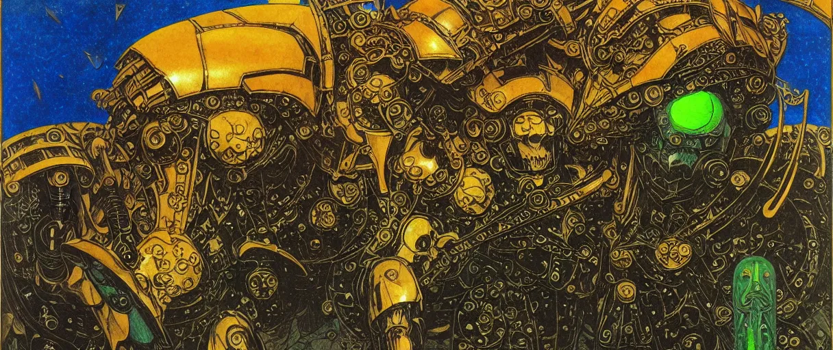 Prompt: composition of gothic and futuristic, warhammer, cyber japan armor, more and more scars, thunderstorm, orange head, some yellow green and blue, the middle ages, highly detailed, artstation, in the style of moebius, jugendstil and classic japanese print, art by max ernst and gustav klimt, compositon by jean delville