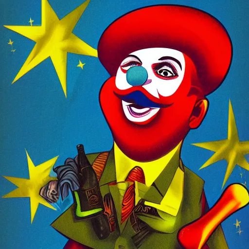 Image similar to champagne communist clown, soviet propaganda, vivid colors, poster art style, detailed image, saturated colors, dominating red, detailer portrait, male face