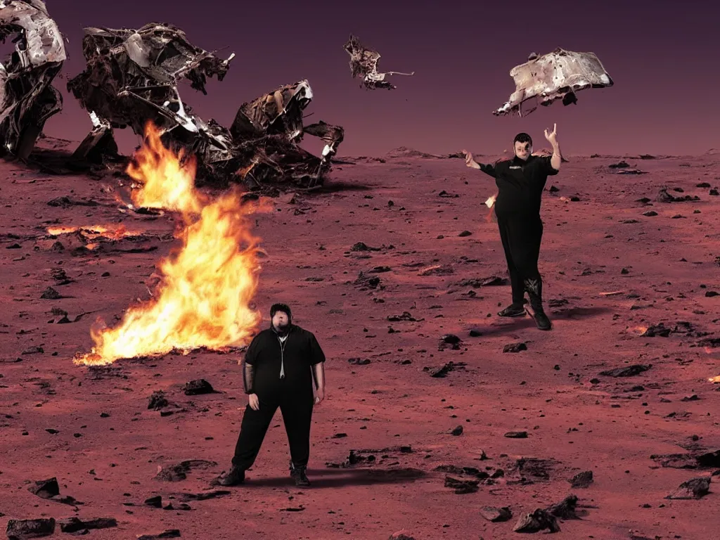 Image similar to portrait of an overweight person with emo haircut wearing gothy purple and black spandex clothes, standing next to smashed burning spacecraft wreckage, on the surface of mars, highly detailed, dramatic lighting, photorealistic, cinematic
