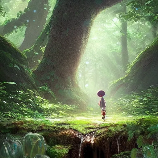 Prompt: a tiny mushroom person with a mushroom for a head walking by a stream in a lush forest. cgsociety masterpiece, artstation trending, by rossdraws, ghibli, Kimi no Na wa, greg rutkowski