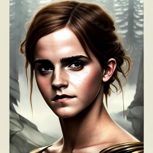 Image similar to emma watson robotic portrait of forest gog, male, clear face, symetrical, masculine, full body, muscular, fantasy, intricate, elegant, highly detailed, digital painting, artstation, concept art, matte, sharp focus, illustration, art by artgerm and greg rutkowski and alphonse mucha