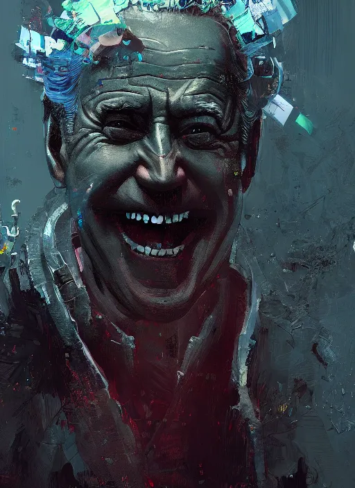 Image similar to Joe Biden grinning emperor of the world, high contrast, cosmic horror, abstract, masterpiece, trending on ArtStation, by Greg Rutkovski and by Craig Mullins and by David Cronenberg and by Ismail Inceoglu, very detailed, lovecraftian, dark, evil