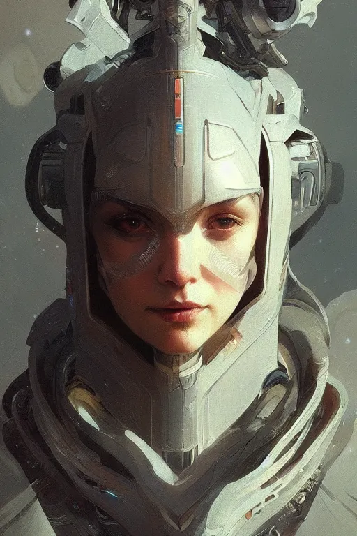 Image similar to A full portrait of a scifi tech priest, intricate, elegant, highly detailed, digital painting, artstation, concept art, smooth, sharp focus, illustration, art by Krenz Cushart and Artem Demura and alphonse mucha