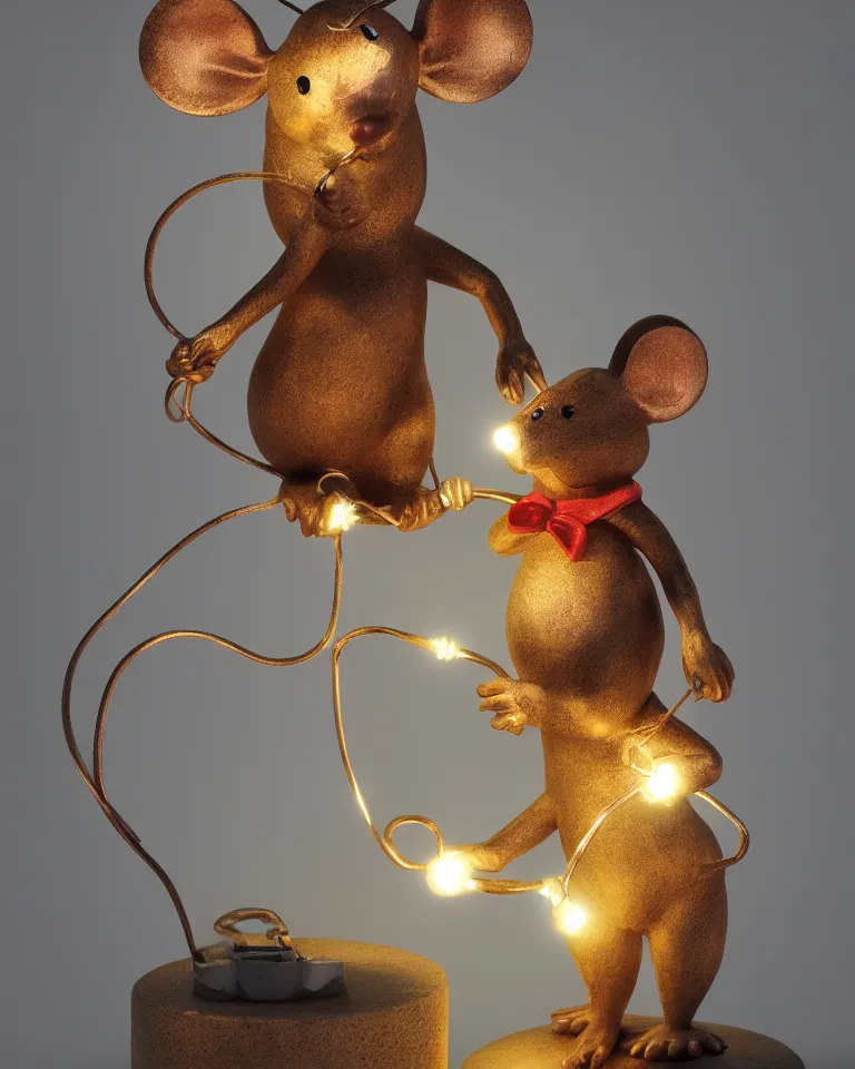 Image similar to a statue of a proud mouse standing on two legs and holding a round bell made of christmas lights and wire, trending on artstation, sigma 5 0, hyper realisitic