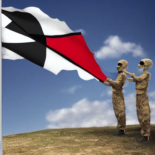 Prompt: political propaganda flag of death and undead living asbestos skyes