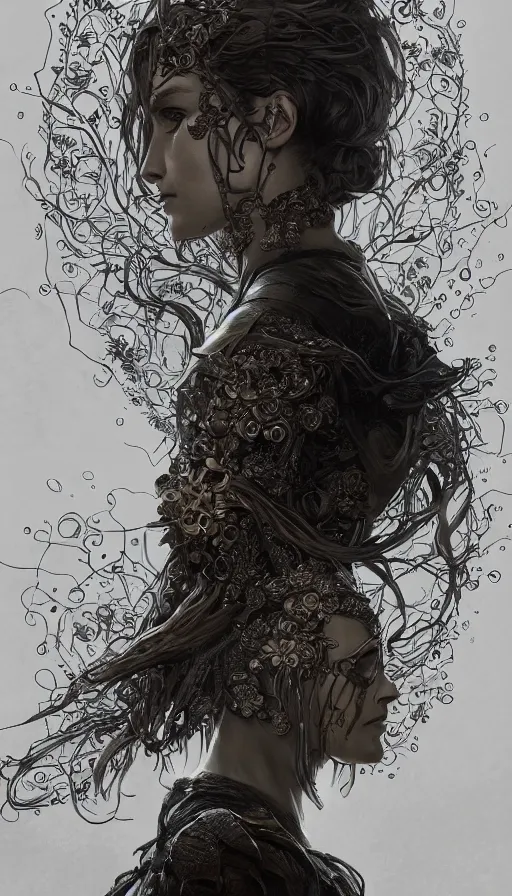 Prompt: silence, fame of thrones, lord of daggers, neon, fibonacci, sweat drops, intricate fashion clothing, insane, intricate, highly detailed, surrealistic, digital painting, artstation, concept art, smooth, sharp focus, illustration, Unreal Engine 5, 8K, art by artgerm and greg rutkowski and alphonse mucha