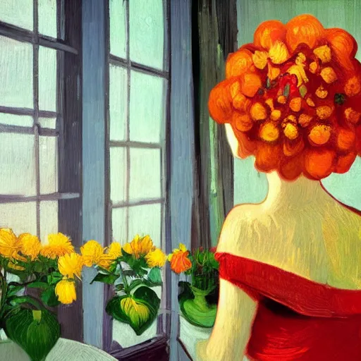 Image similar to giant flower under head, woman next to modern windows, luxury apartment, surreal photography, dramatic light, impressionist painting, digital painting, artstation, van gogh