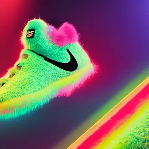 Image similar to poster nike shoe made of very fluffy colorful faux fur placed on reflective surface, professional advertising, overhead lighting, heavy detail, realistic by nate vanhook, mark miner