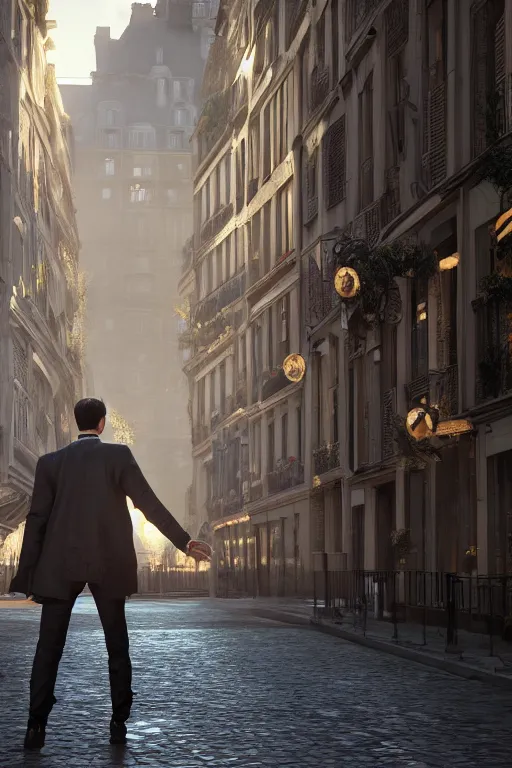 Prompt: in the foreground a Parisian street, in the background a dark-haired man from behind wearing a long matrix style jacket and starting to fly away, realistic, high definition, great detail, dramatic scene, detailed and realistic hands, symmetrical face, realistic eyes, art of unreal engine 5