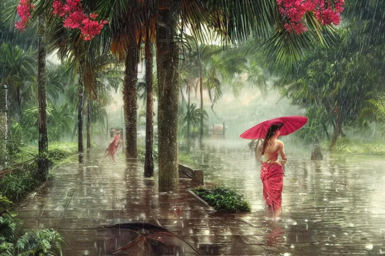 Prompt: ultra realistic illustration, closeup photo, monsoon on tropical island, attractive oriental woman, frontal, ornate, beautiful, atmosphere, vibe, mist, coconuts, rain, wet, pristine, puddles, melting, dripping, creek, bridge, forest, roses, flowers, by stanley artgerm lau, thomas kindkade