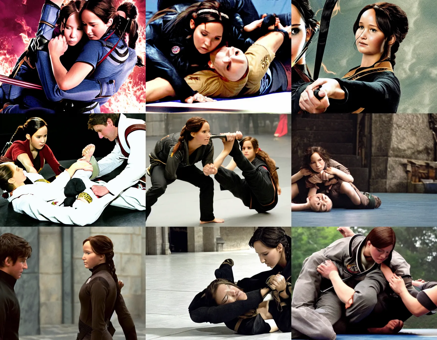 Prompt: katniss everdeen uses a jiu jitsu triangle choke on harry potter