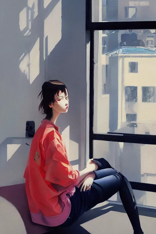 Image similar to A ultradetailed beautiful panting of a stylish woman sitting next to a window, she is wearing streetwear, bright sunny day, Oil painting, by Ilya Kuvshinov, Greg Rutkowski and Makoto Shinkai