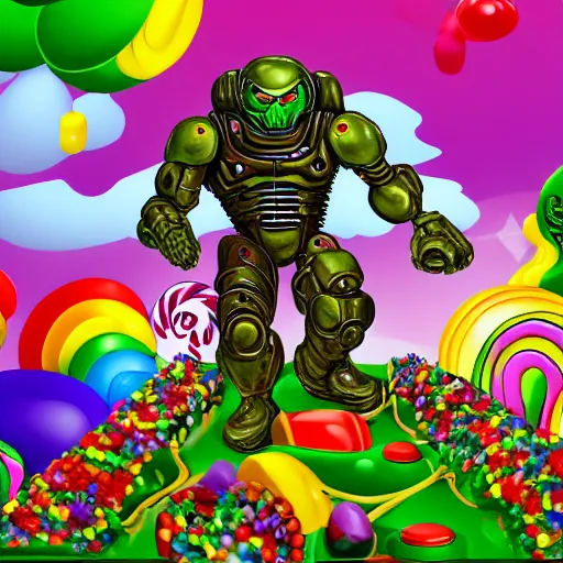 Prompt: Doom Guy's adventure in Candy Land, 4k, 8k, highly detailed, digital art, green Doom Guy