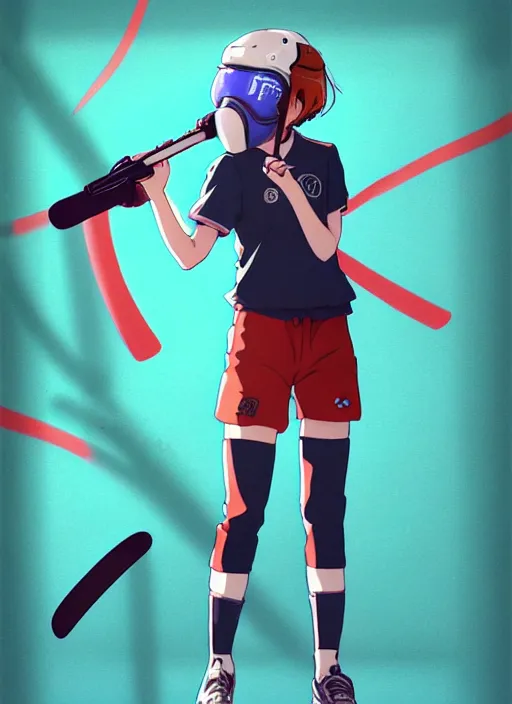 Prompt: a sport player girl with hockey clothes, softair center landscape, illustration, concept art, anime key visual, trending pixiv fanbox, by wlop and greg rutkowski and makoto shinkai and studio ghibli and kyoto animation, paintball world cup, symmetrical facial features, short hair, blue lens airsoft mask, red airsoft electric pistol, realistic anatomy