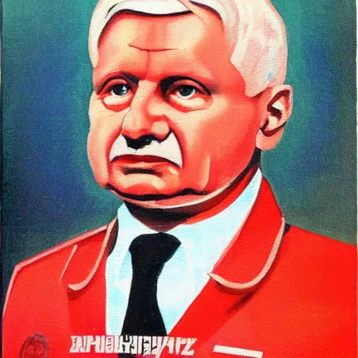 Image similar to a soviet propaganda painting of jarosław kaczynski