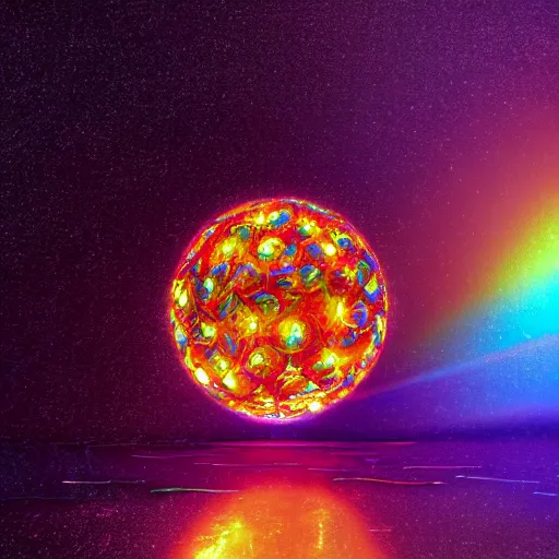 Prompt: long shot of a singular giant ball made of rainbow glass reflecting a intricate space scenery, cinematic, concept art, by asao andrews, by ridley scott, by sid mead, volumetric light, beautiful oil painting, realistic reflections, smooth, lens flare, depth perception, high depth of field, 4 k, 3 d octane render, hyperrealistic, trending on artstation