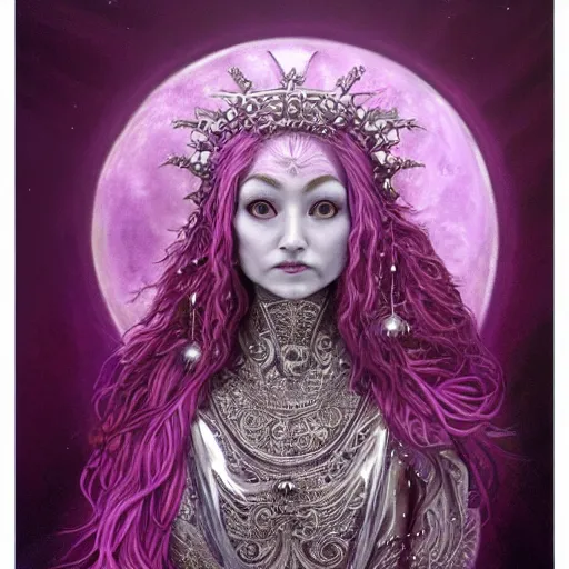 Prompt: painting of prophetess of the moon, silver filigree armor and tiara, moon above head, purple wavy hair, pink translucent skin, wide striking eyes, beautiful! coherent! symmetrical body, by brom, by junji ito, by brian froud, strong line, high contrast, muted color, preraphaelite style, 4 k, trending on artstation