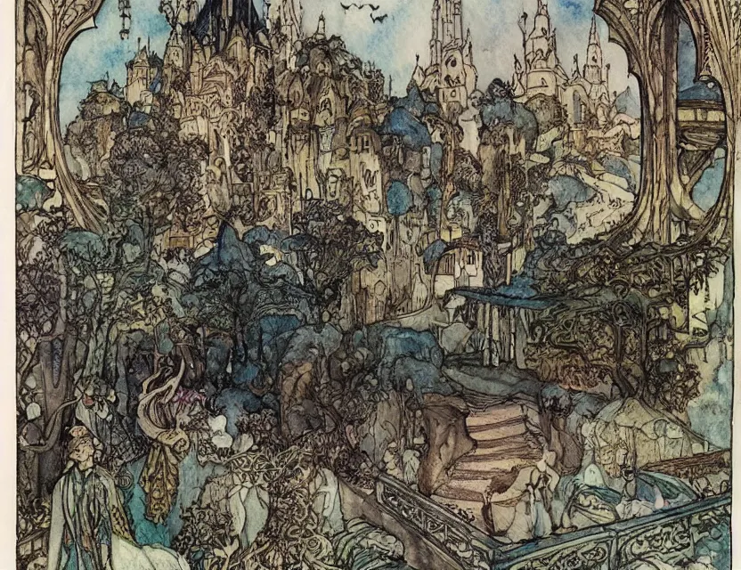 Prompt: a detailed, intricate watercolor and ink illustration with fine lines of the view from the river of an art nouveau arabian palace, by arthur rackham and edmund dulac and lisbeth zwerger