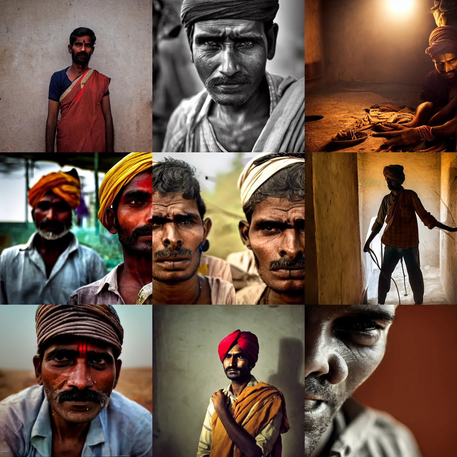 Image similar to a dramatic portrait of worker from india, cinematic lighting