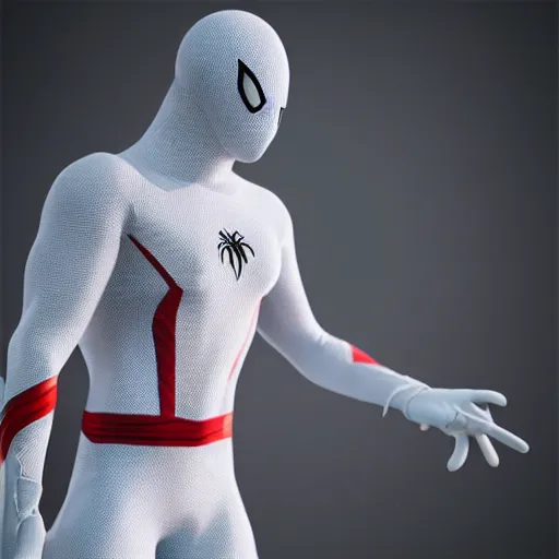 Image similar to white spider - man suit with black web lining, cinematic, volumetric lighting, realistic, hyperdetailed, photorealistic, photograph