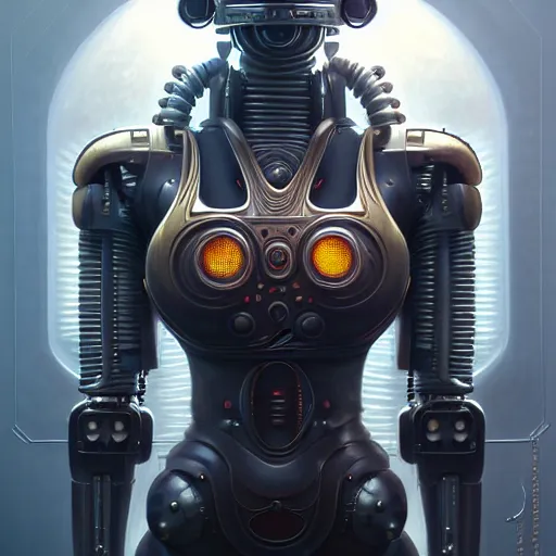 Image similar to front shot of a cyberpunk gazmask robot character, intricate, elegant, highly detailed, centered, digital painting, artstation, concept art, smooth, sharp focus, illustration, artgerm, Tomasz Alen Kopera, Peter Mohrbacher, donato giancola, Joseph Christian Leyendecker, WLOP, Boris Vallejo