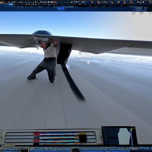 Image similar to jerma 3 4 5 1 doing the yoinky spoinky dance on an airplane wing, realistic, hdr, clear image, hdd, dynamic lighting,