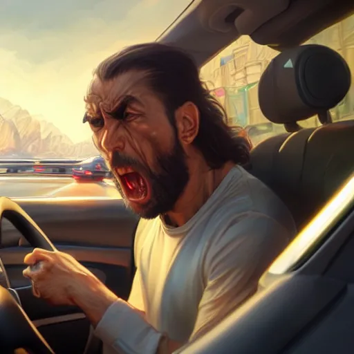 Prompt: Angry man inside a car is having a road rage, highly detailed, professional digital painting, Unreal Engine 5, Photorealism, HD quality, 8k resolution, cinema 4d, 3D, cinematic, art by artgerm and greg rutkowski and alphonse mucha and loish and WLOP