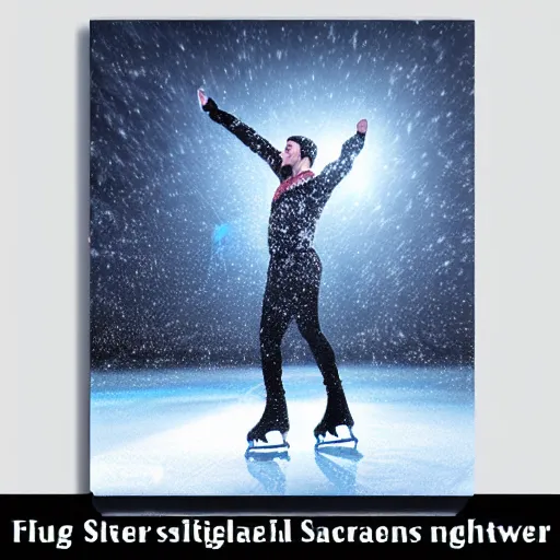 Image similar to figure skater performing spiral move under the spotlight on the ice with snowy winter landscape background detailed magical realism digital painting volumetric lighting 4k