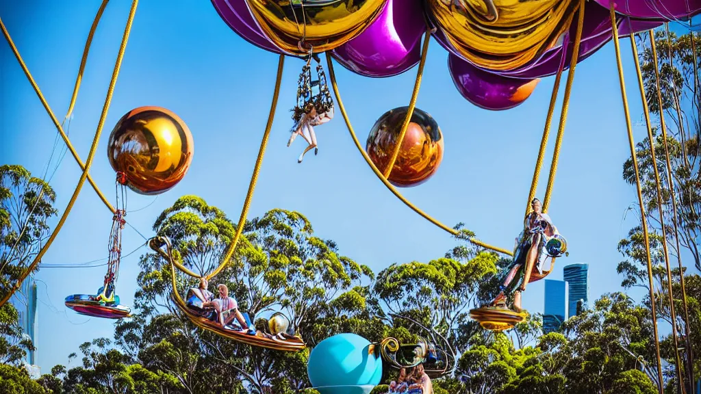 Image similar to large colorful futuristic space age metallic steampunk balloons with pipework and electrical wiring around the outside, and people on rope swings underneath, flying high over the beautiful brisbane in australia city landscape, professional photography, 8 0 mm telephoto lens, realistic, detailed, photorealistic, photojournalism