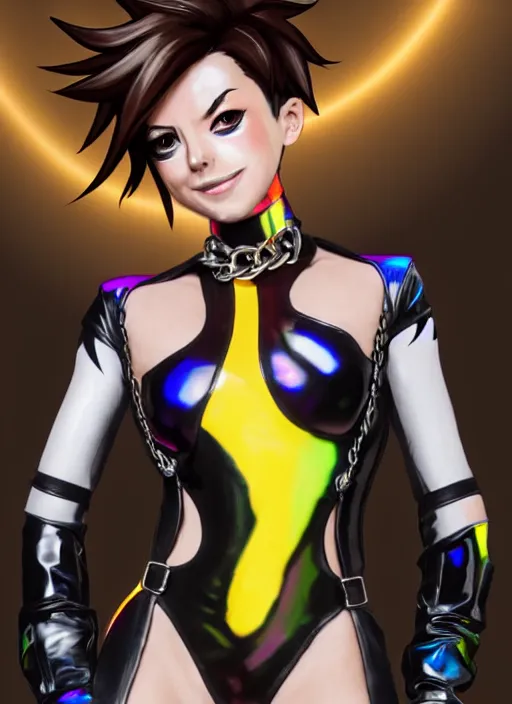 Image similar to full body digital artwork of tracer overwatch, wearing black iridescent rainbow latex swimsuit, 4 k, expressive happy smug expression, makeup, in style of mark arian, wearing detailed black leather collar, wearing chains, black leather harness, leather cuffs around wrists, detailed face and eyes,