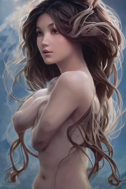 Image similar to full body windy hair zero gravity seductive meditation goddess in the style of artgerm, wlop, greg rutkowski, alphonse mucha and ayami kojima, realistic details, volumetric lighting, very very very very beautiful symmetrical face, trending on artstation, artstationhd, artstationhq, unreal engine, 4 k, 8 k