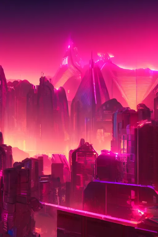 Image similar to cyberpunk syntwave mountains, pink neon lights, futuristic, cgsociety, in the style of artstation